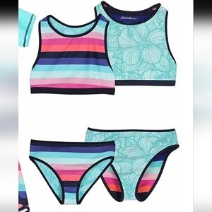 NWOT Eddie Bauer Striped Floral Swimwear Reversible Set S 7 8